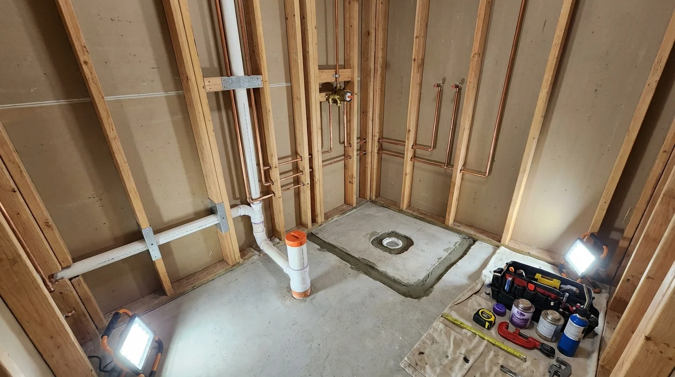 Bathroom rough-in plumbing during remodel by Johns Plumbing LLC in Belcourt
