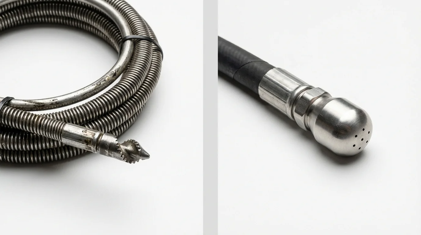 Drain snake cable and hydro jetting nozzle used for drain cleaning in Belcourt, ND