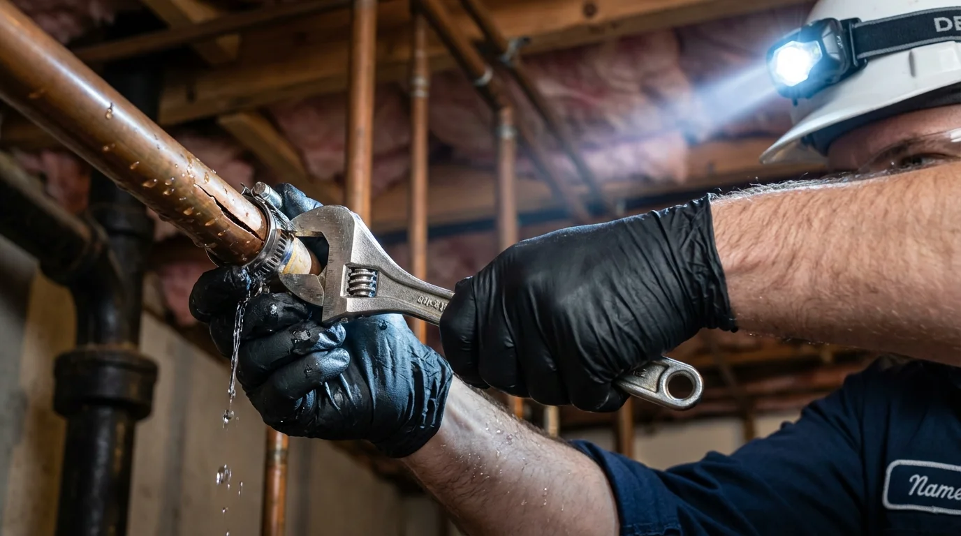 Emergency pipe clamp repair being performed by a Johns Plumbing LLC plumber in Belcourt