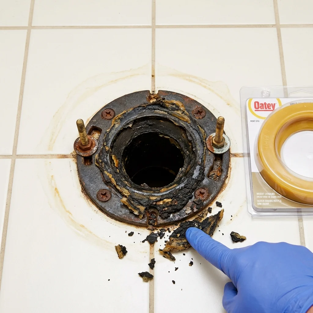 Failed wax ring showing water seepage at the base of a toilet in a Belcourt, ND home