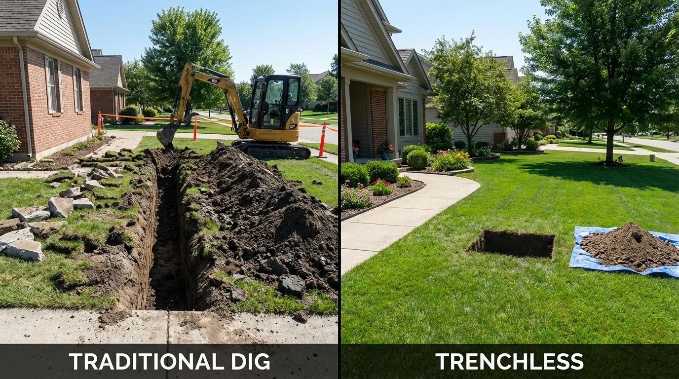 Trenchless sewer repair with minimal yard damage versus traditional excavation in Belcourt, ND