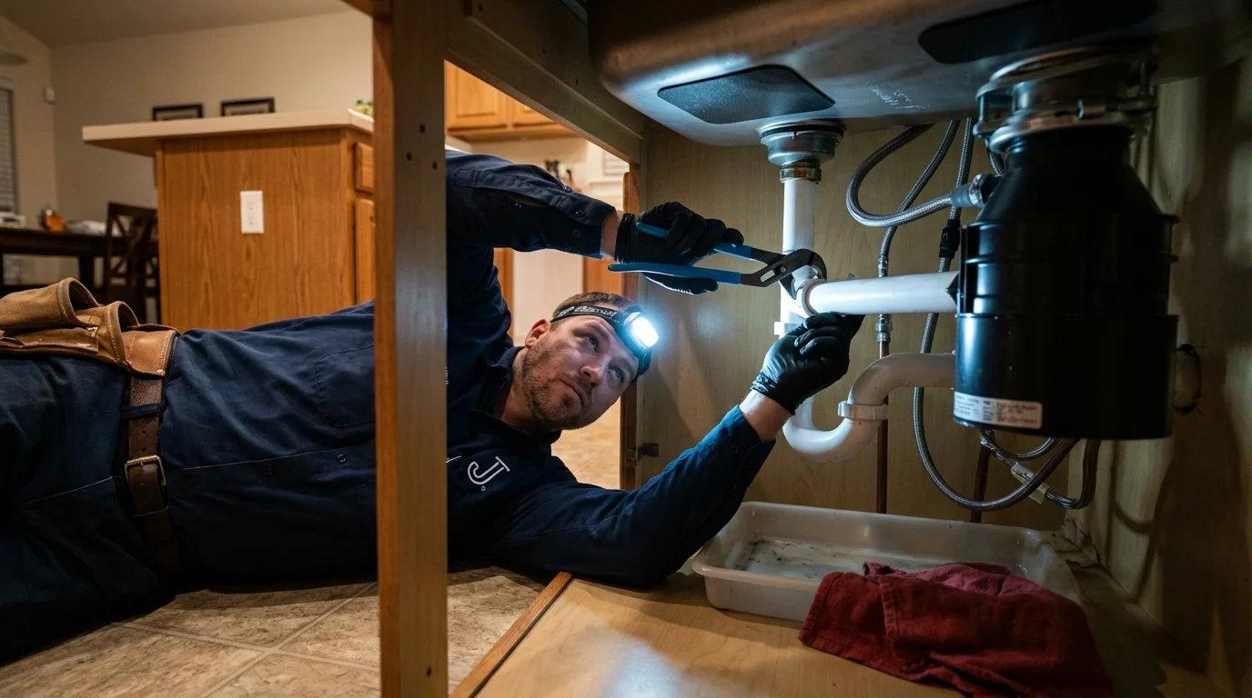 P-trap and supply line connections under a kitchen sink showing a common leak point in Belcourt, ND